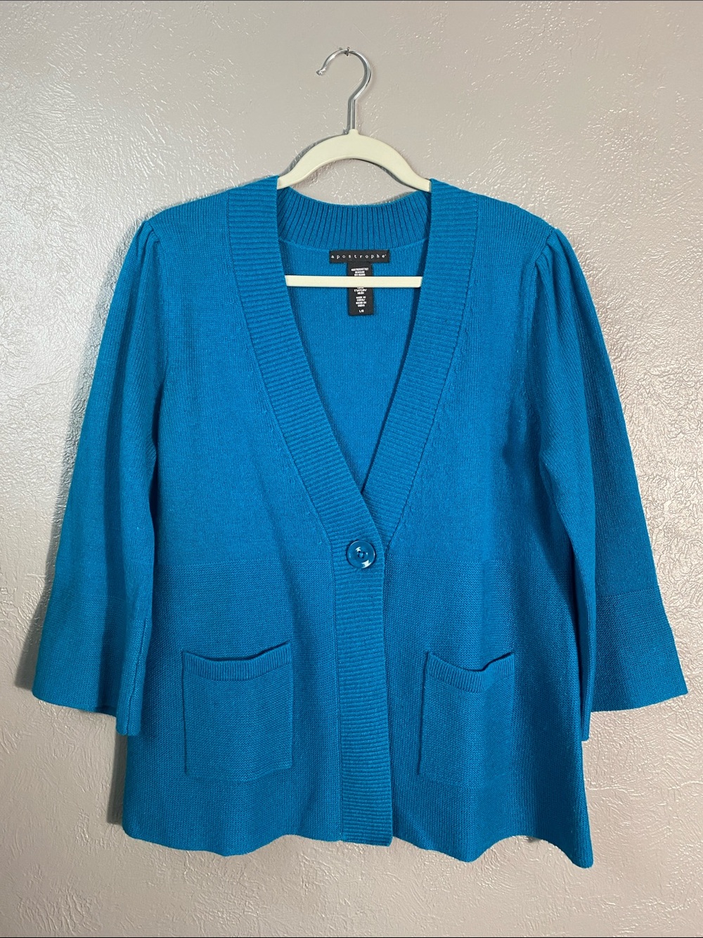 Apostrophe Wool Blend Cardigan Large Teal Blue Open Front 3/4 Sleeve Sweater